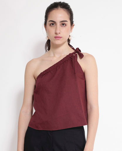 Rareism Women Jarza Maroon One Shoulder Tie Up Plain Cropped Top