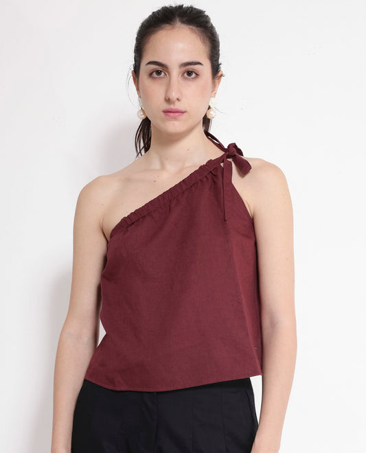 Rareism Women Jarza Maroon One Shoulder Tie Up Plain Cropped Top