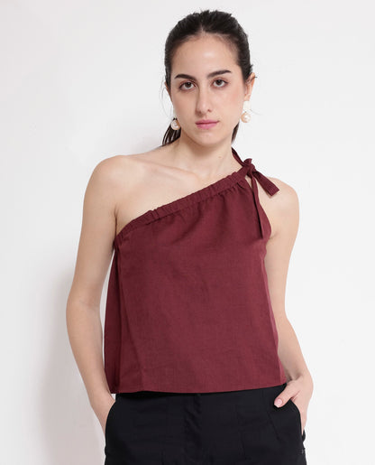 Rareism Women Jarza Maroon One Shoulder Tie Up Plain Cropped Top