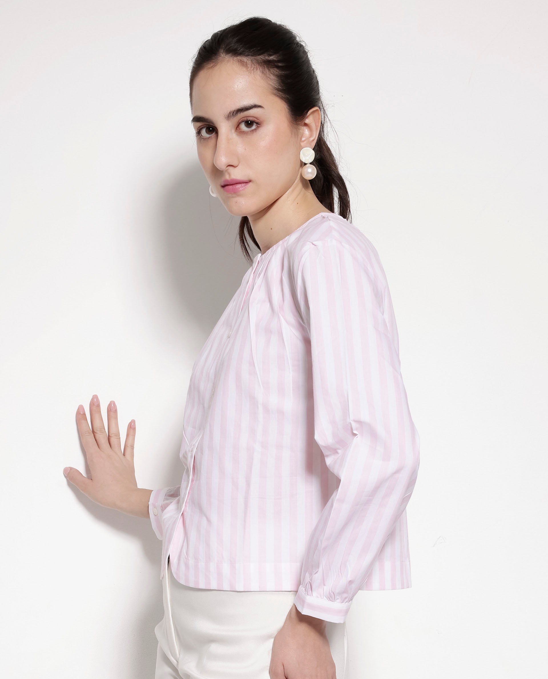 Rareism Women Jayleon Pink Cuffed Sleeve Round Neck Button Narrow Stripes Top