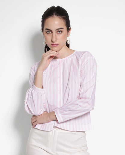 Rareism Women Jayleon Pink Cuffed Sleeve Round Neck Button Narrow Stripes Top