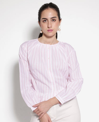 Rareism Women Jayleon Pink Cuffed Sleeve Round Neck Button Narrow Stripes Top