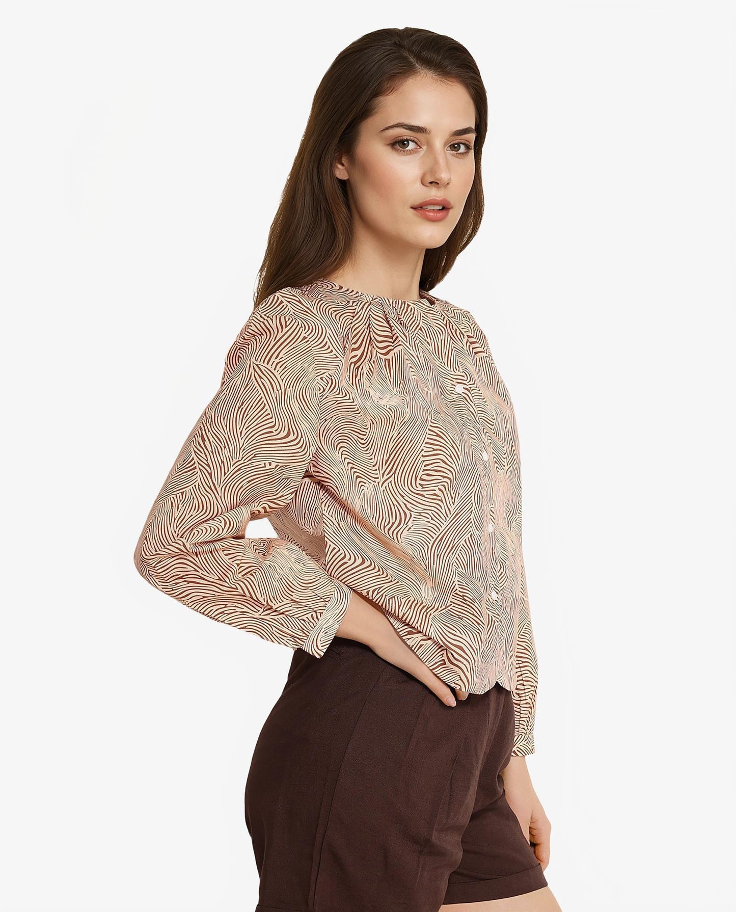 Rareism Women Jaylone Beige Cuffed Sleeve Round Neck Button Geometric Print Top