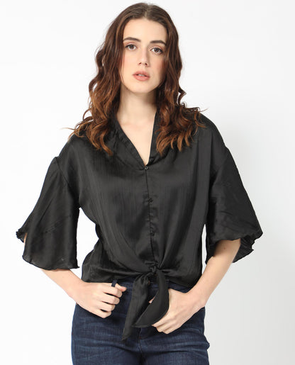 Rareism Women Jedy Black Polyester Fabric Short Sleeves Button Closure Shawl Collar Bell Sleeve Regular Fit Plain Blouse Top