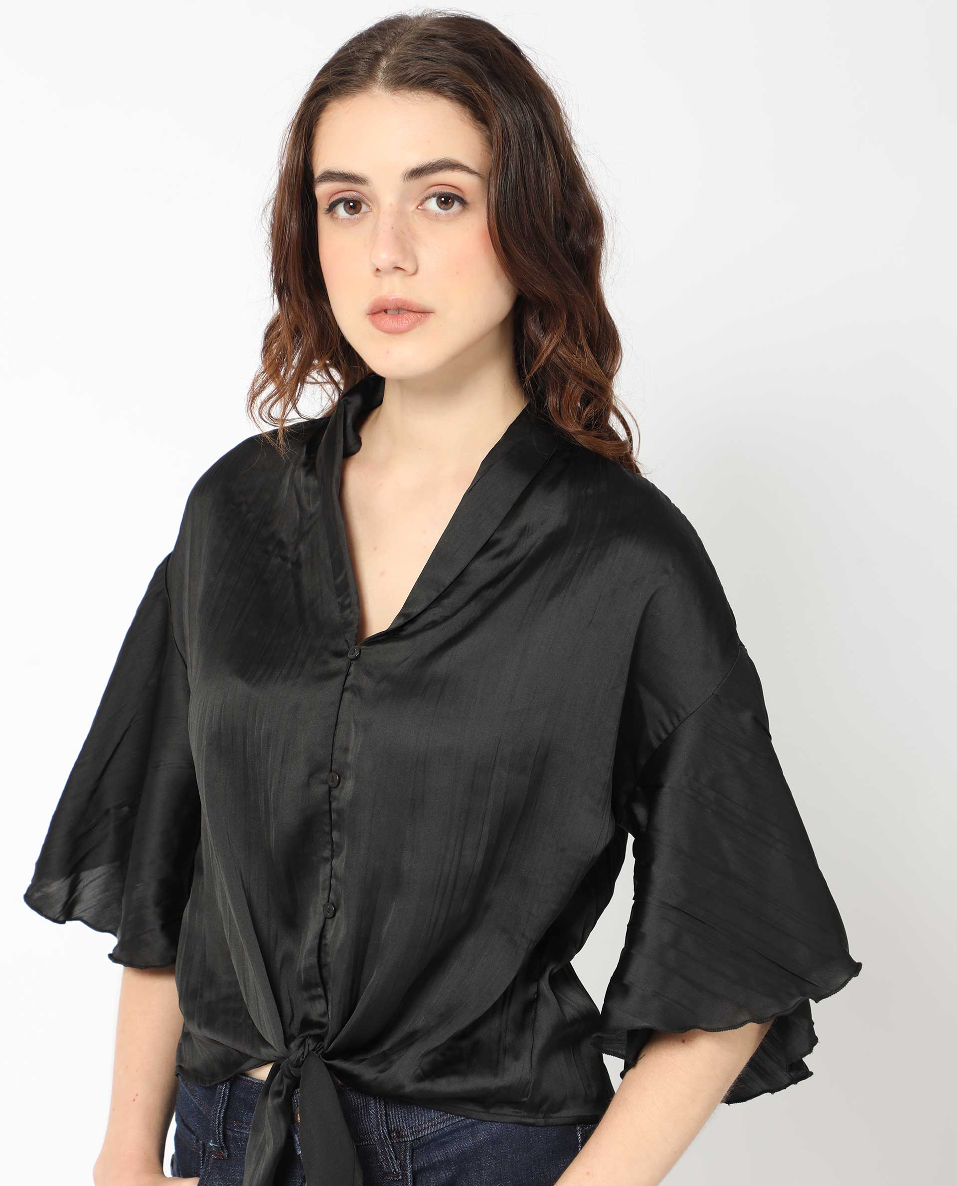 Rareism Women Jedy Black Polyester Fabric Short Sleeves Button Closure Shawl Collar Bell Sleeve Regular Fit Plain Blouse Top