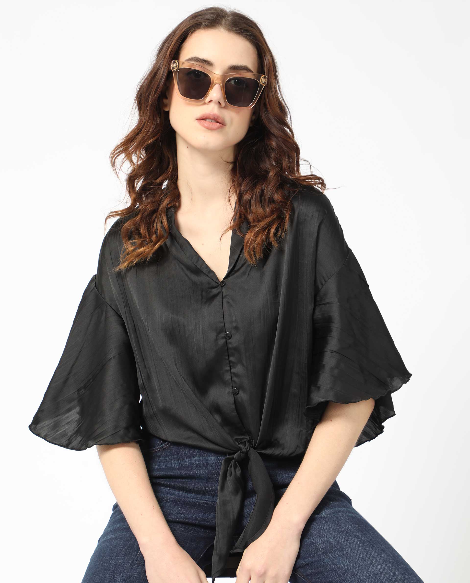 Rareism Women Jedy Black Polyester Fabric Short Sleeves Button Closure Shawl Collar Bell Sleeve Regular Fit Plain Blouse Top