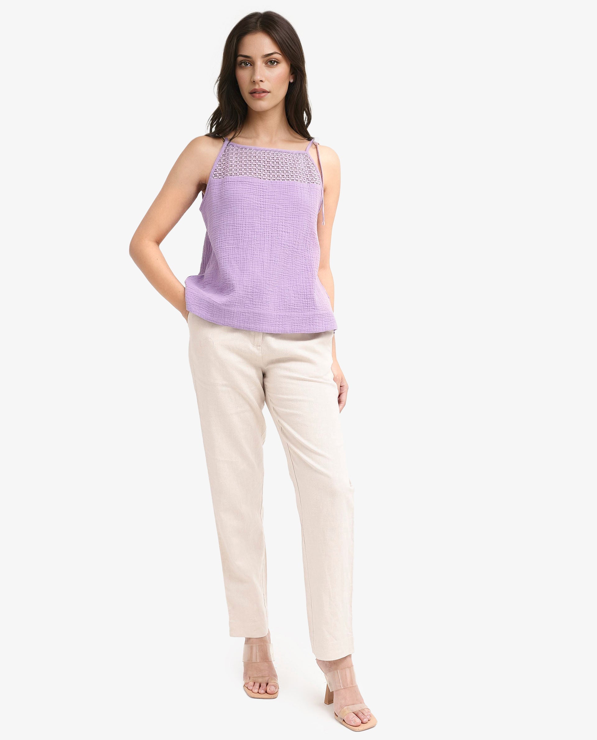 Rareism Women Jordyn-T Pastel Purple Cotton Fabric Sleeveless Shoulder Straps Tie Up Closure Plain Top