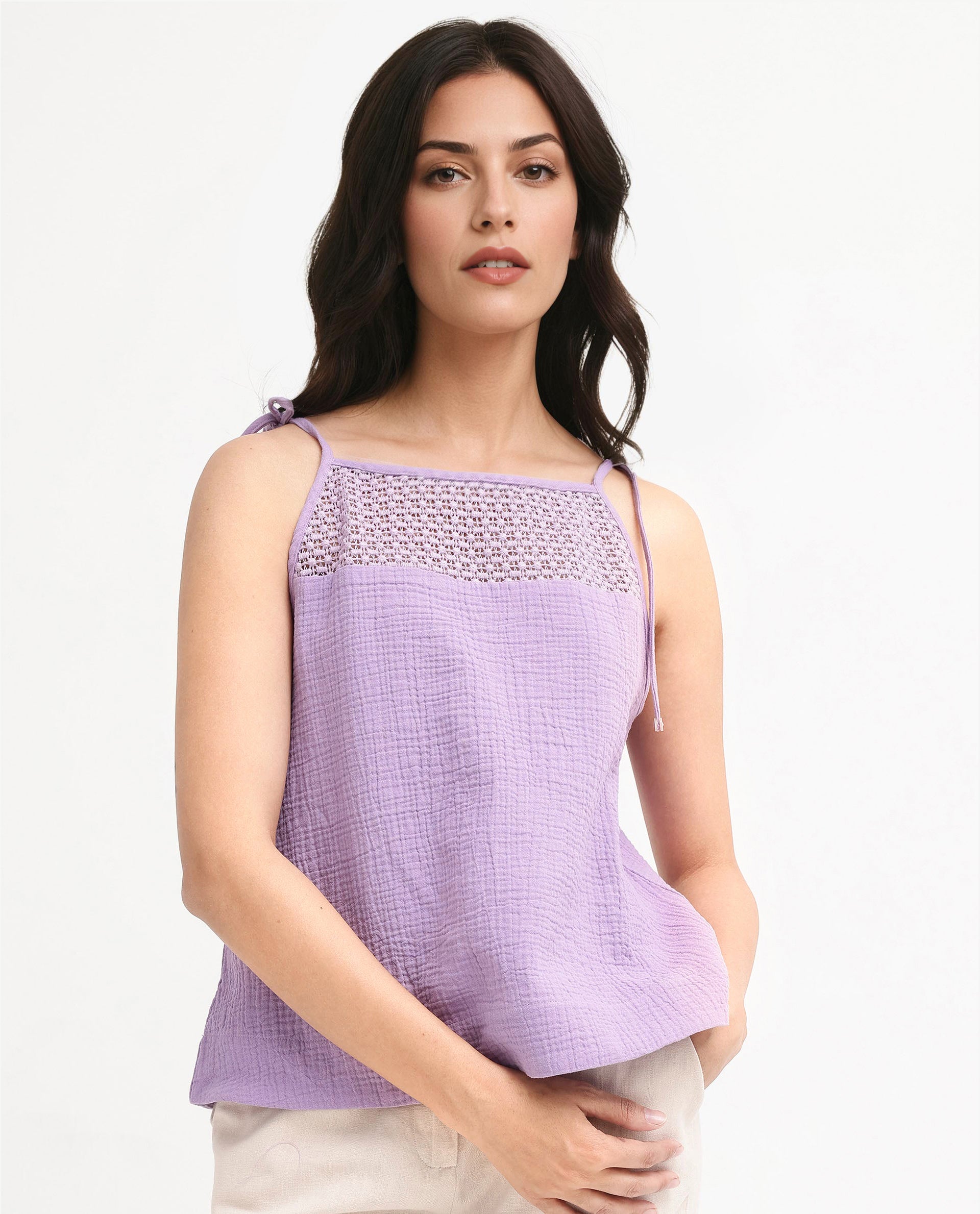 Rareism Women Jordyn-T Pastel Purple Cotton Fabric Sleeveless Shoulder Straps Tie Up Closure Plain Top