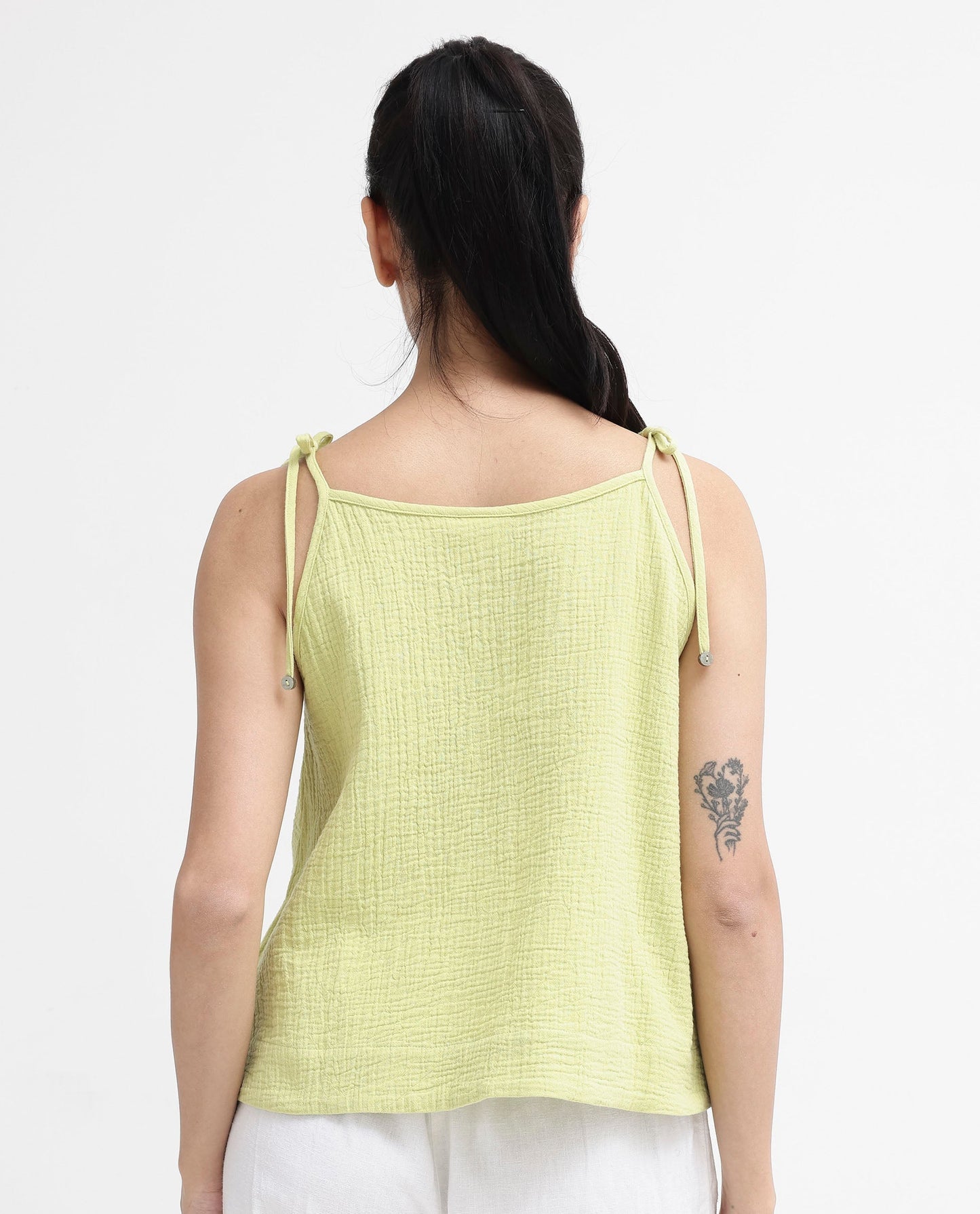 Rareism Women Jordyn-T Flouroscent Green Cotton Fabric Sleeveless Shoulder Straps Tie Up Closure Plain Top