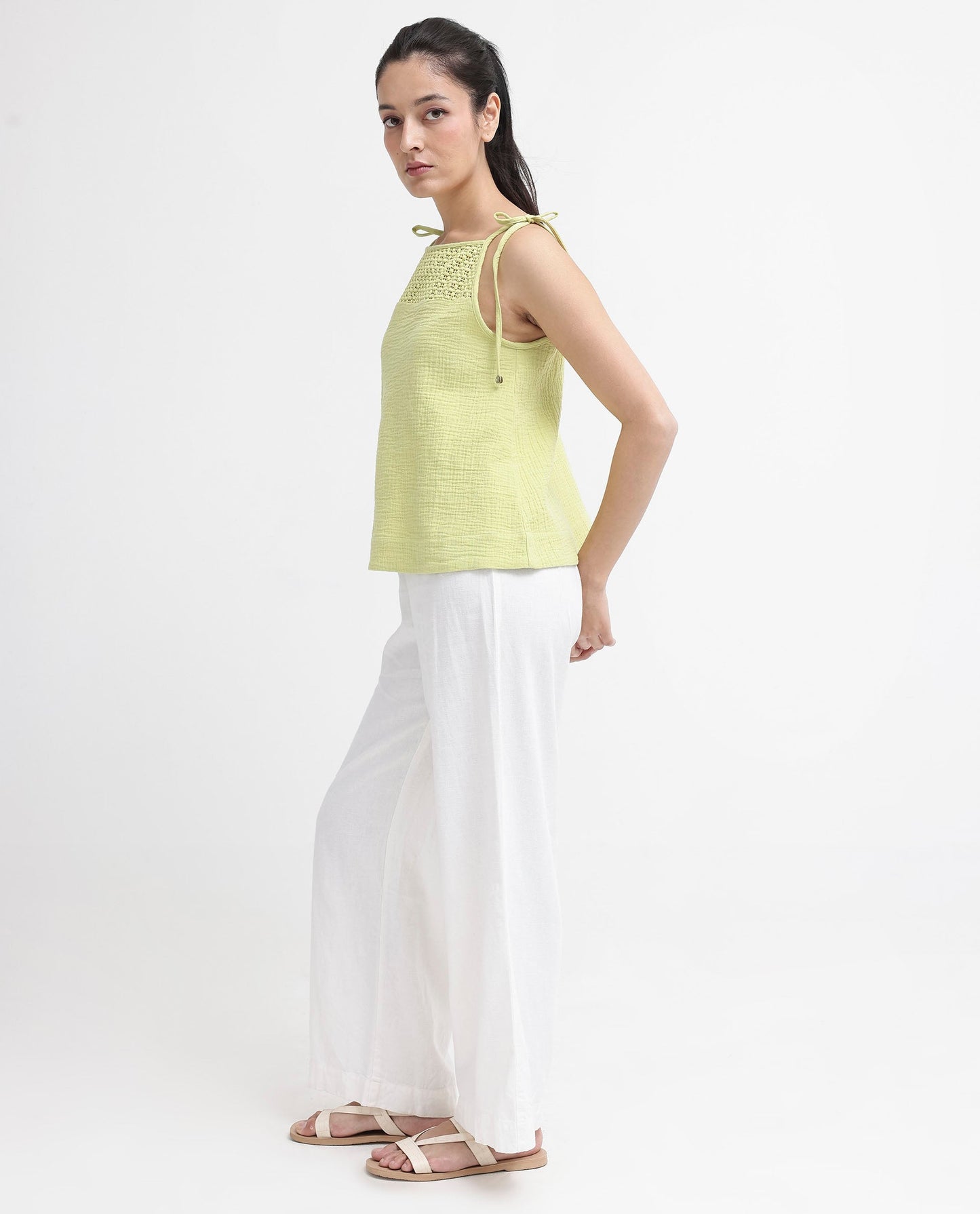 Rareism Women Jordyn-T Flouroscent Green Cotton Fabric Sleeveless Shoulder Straps Tie Up Closure Plain Top