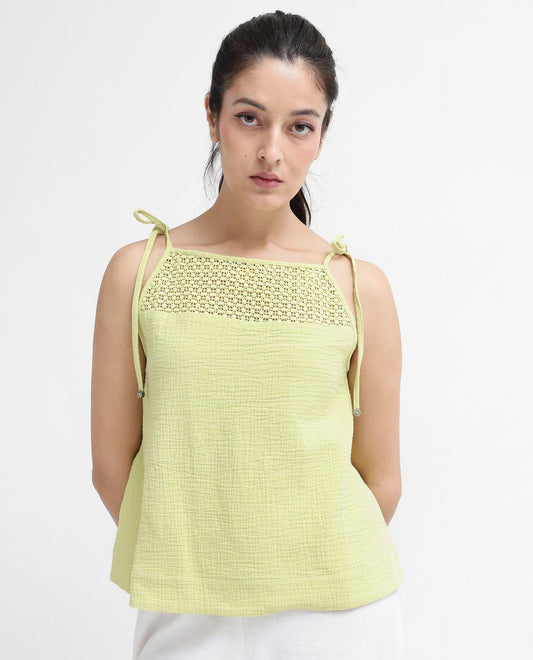 Rareism Women Jordyn-T Flouroscent Green Cotton Fabric Sleeveless Shoulder Straps Tie Up Closure Plain Top