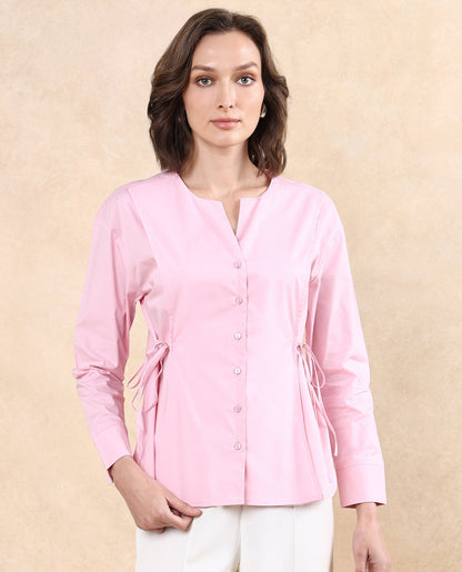 Rareism Women Juniv Light Pink Cotton Blend Fabric Cuffed Sleeve Round Neck Button Closure Plain Top