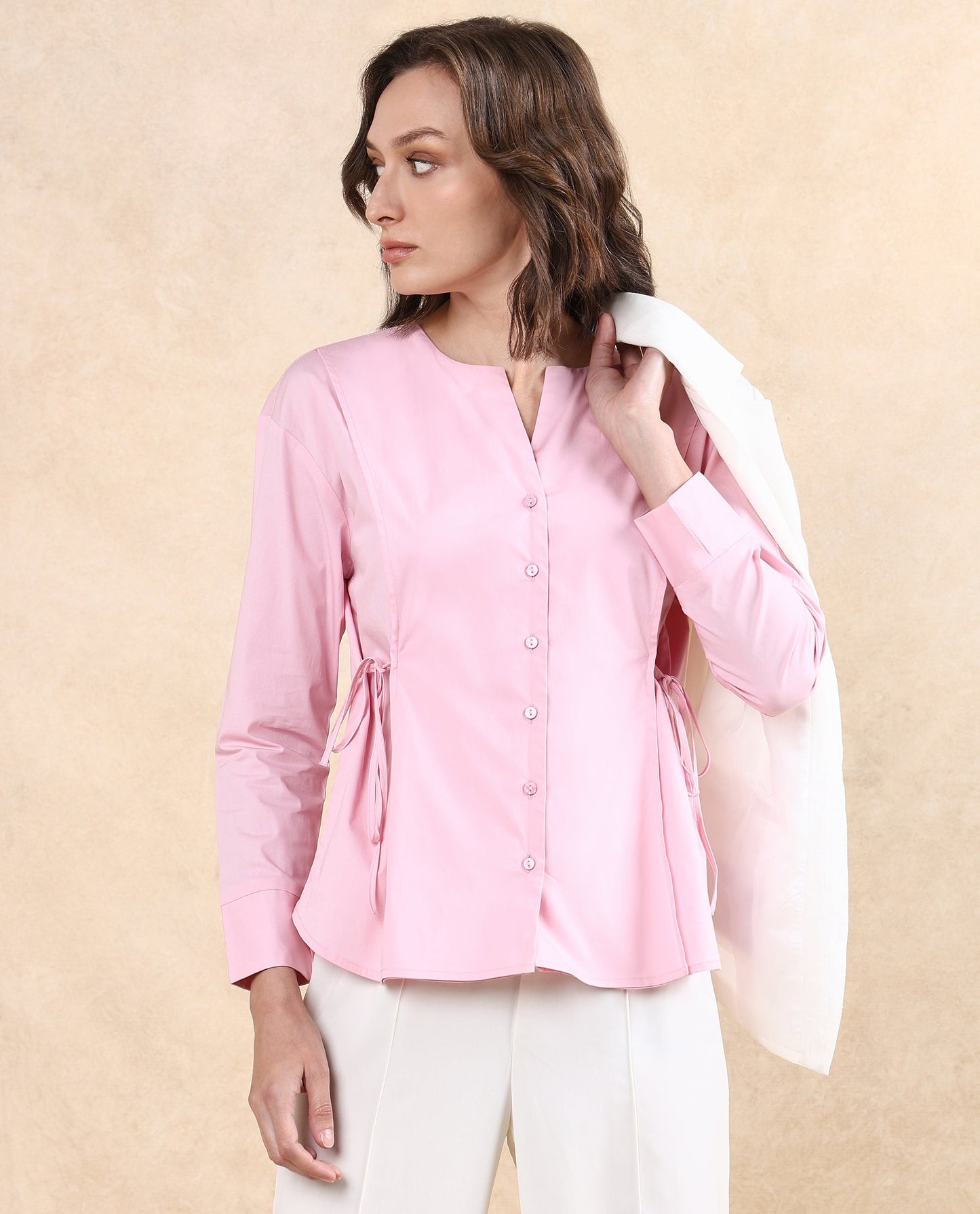 Rareism Women Juniv Light Pink Cotton Blend Fabric Cuffed Sleeve Round Neck Button Closure Plain Top