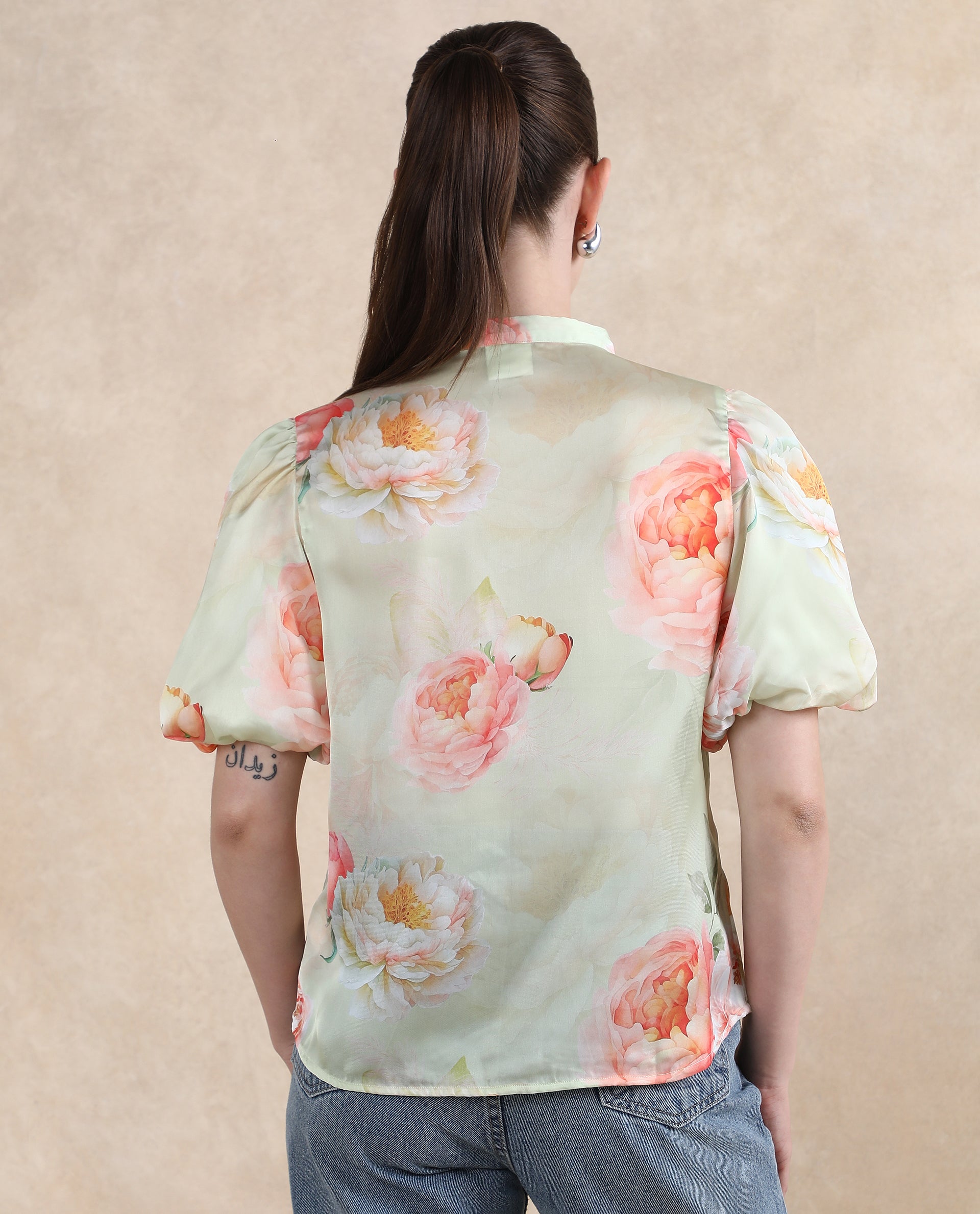 Rareism Women Jurino Light Green Balloon Sleeve Mandarin Neck  Floral Print Top