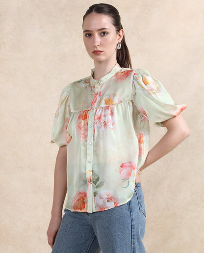 Rareism Women Jurino Light Green Balloon Sleeve Mandarin Neck  Floral Print Top