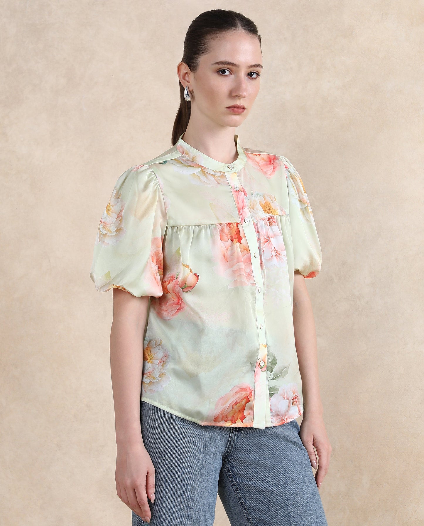 Rareism Women Jurino Light Green Balloon Sleeve Mandarin Neck  Floral Print Top