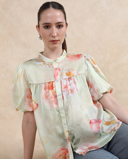 Rareism Women Jurino Light Green Balloon Sleeve Mandarin Neck  Floral Print Top