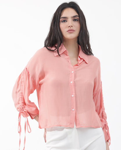 Rareism Women Jux Pastel Pink Poly Viscose Fabric Full Sleeve Collared Neck Solid Regular Length Top