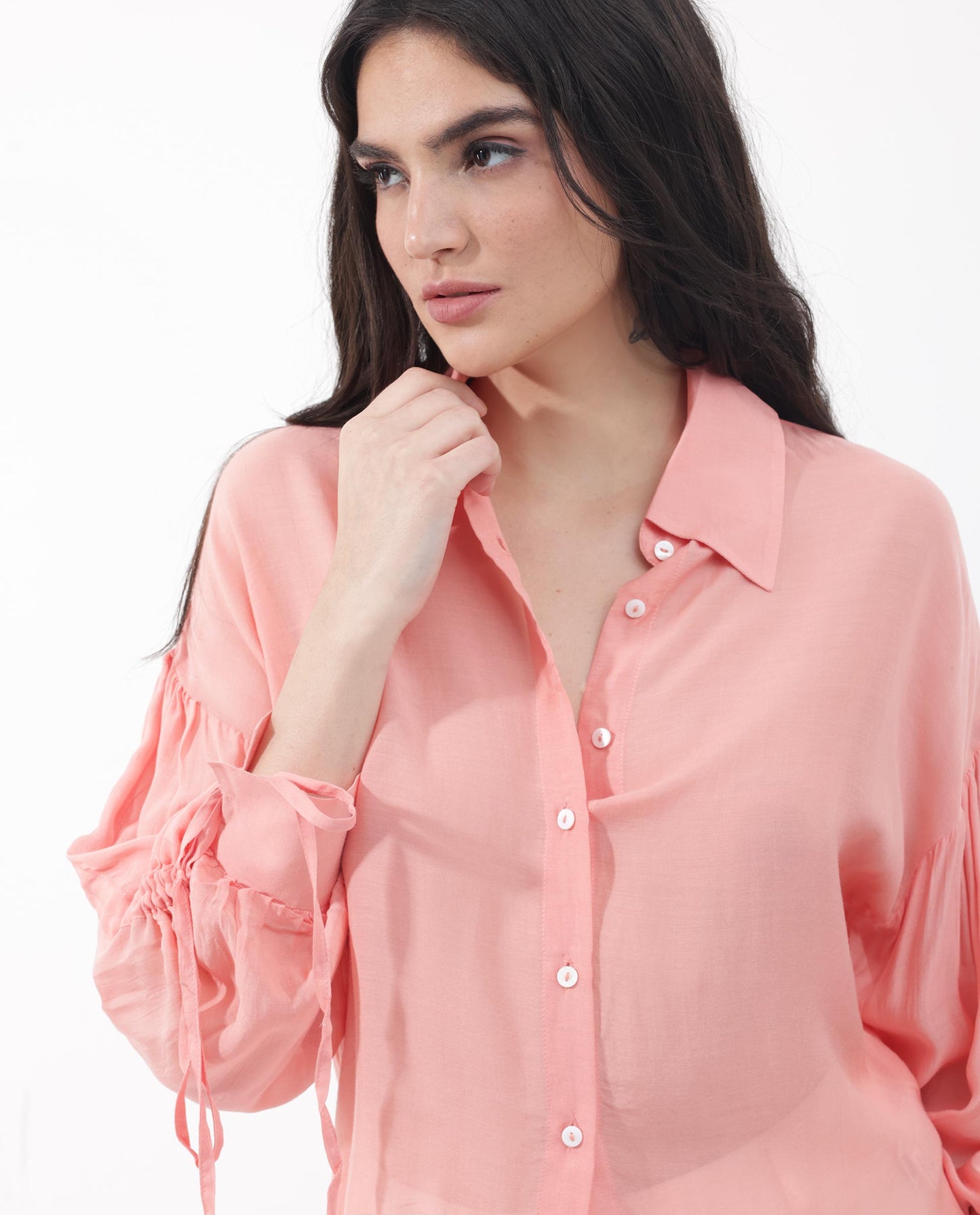 Rareism Women Jux Pastel Pink Poly Viscose Fabric Full Sleeve Collared Neck Solid Regular Length Top