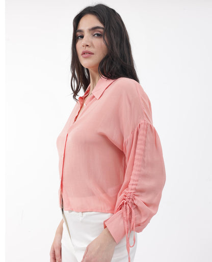 Rareism Women Jux Pastel Pink Poly Viscose Fabric Full Sleeve Collared Neck Solid Regular Length Top