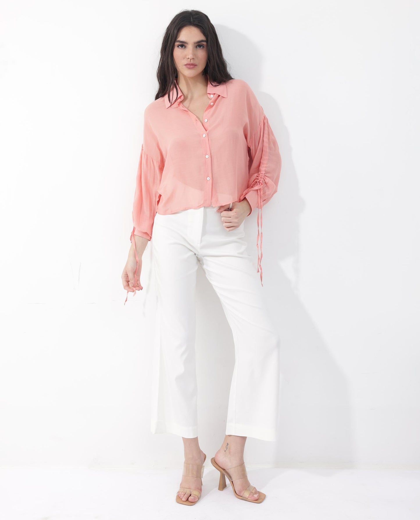 Rareism Women Jux Pastel Pink Poly Viscose Fabric Full Sleeve Collared Neck Solid Regular Length Top