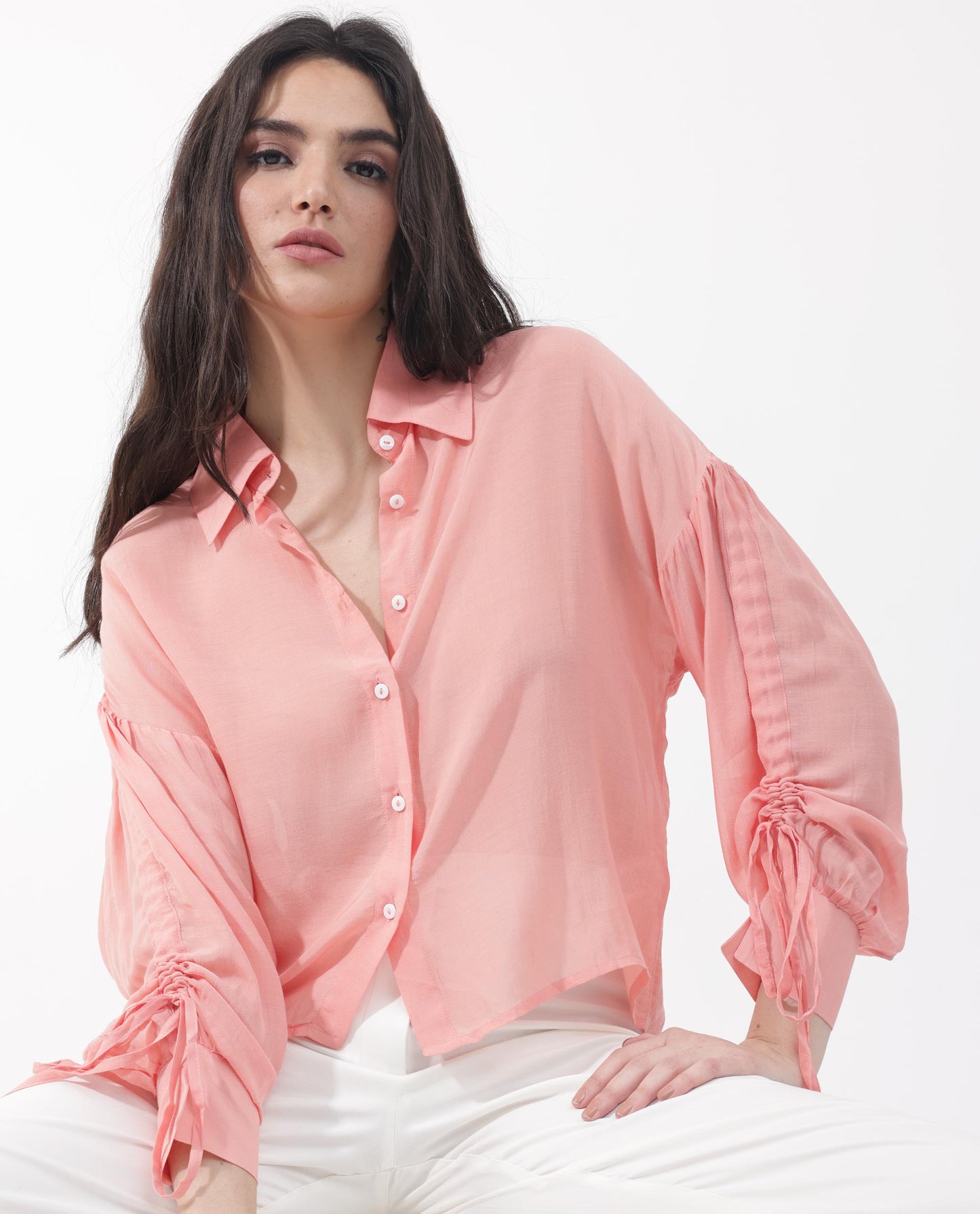 Rareism Women Jux Pastel Pink Poly Viscose Fabric Full Sleeve Collared Neck Solid Regular Length Top