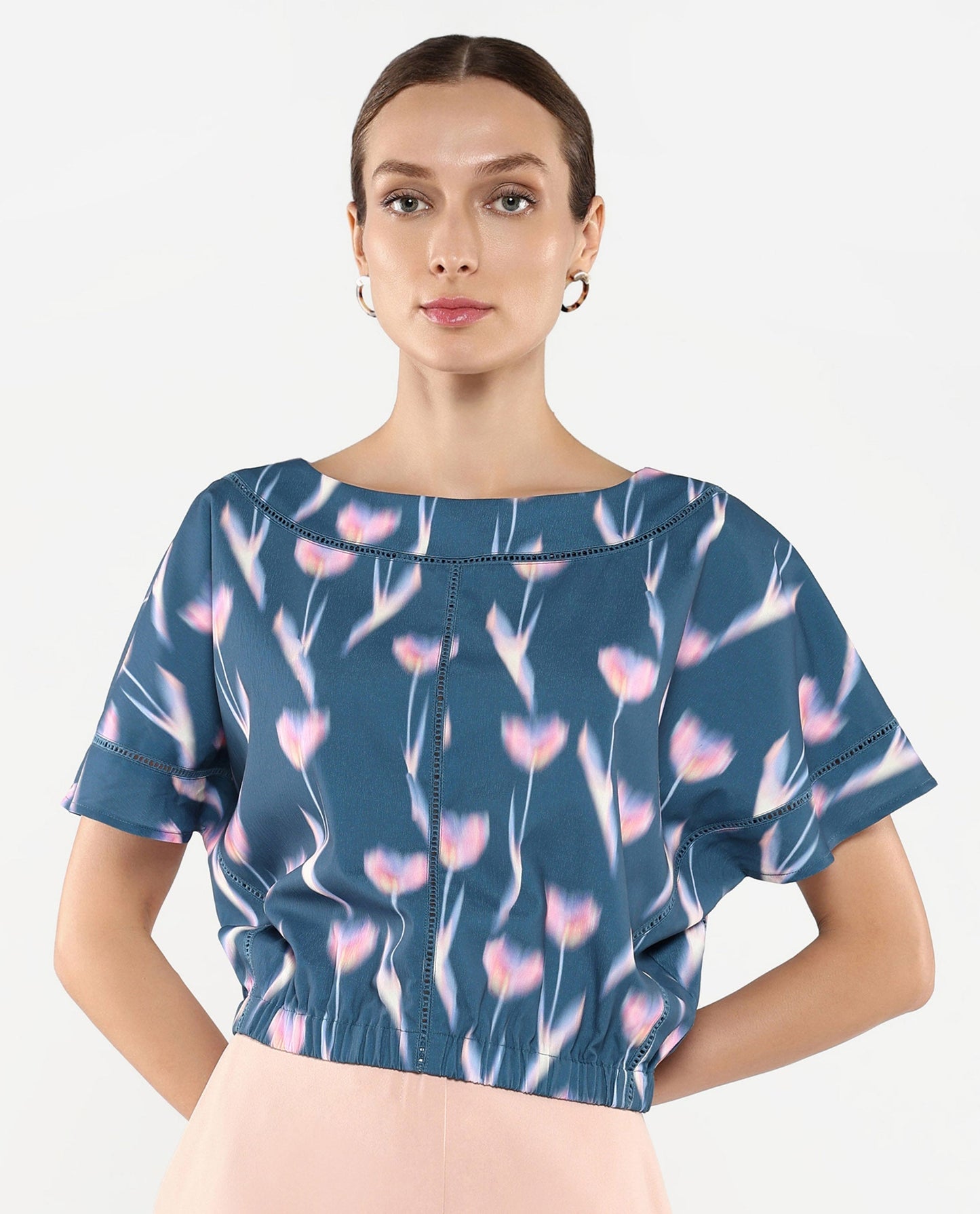 Rareism Women Kahlani Dark Grey Extended Sleeves Boat Neck Abstract Print Top