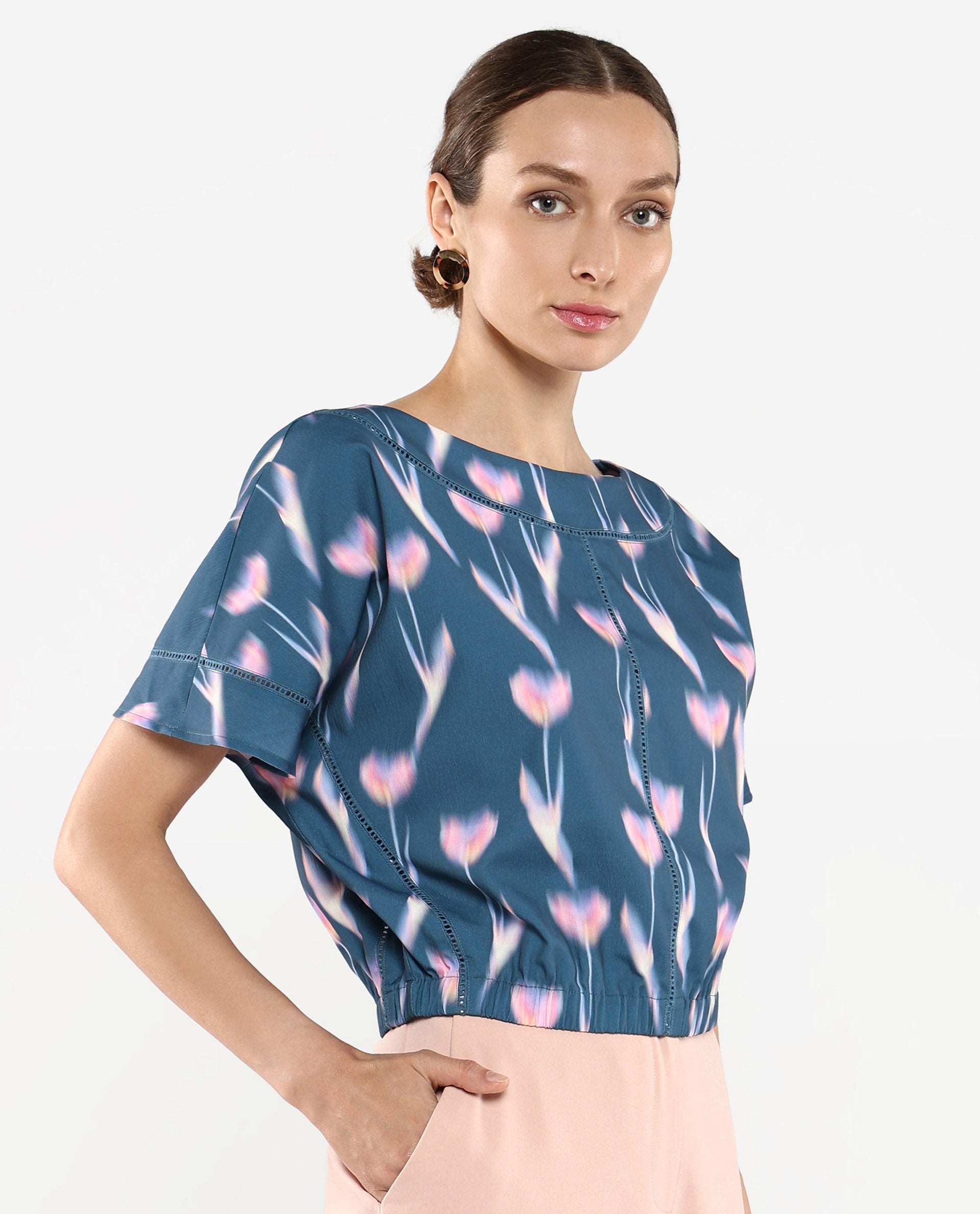 Rareism Women Kahlani Dark Grey Extended Sleeves Boat Neck Abstract Print Top