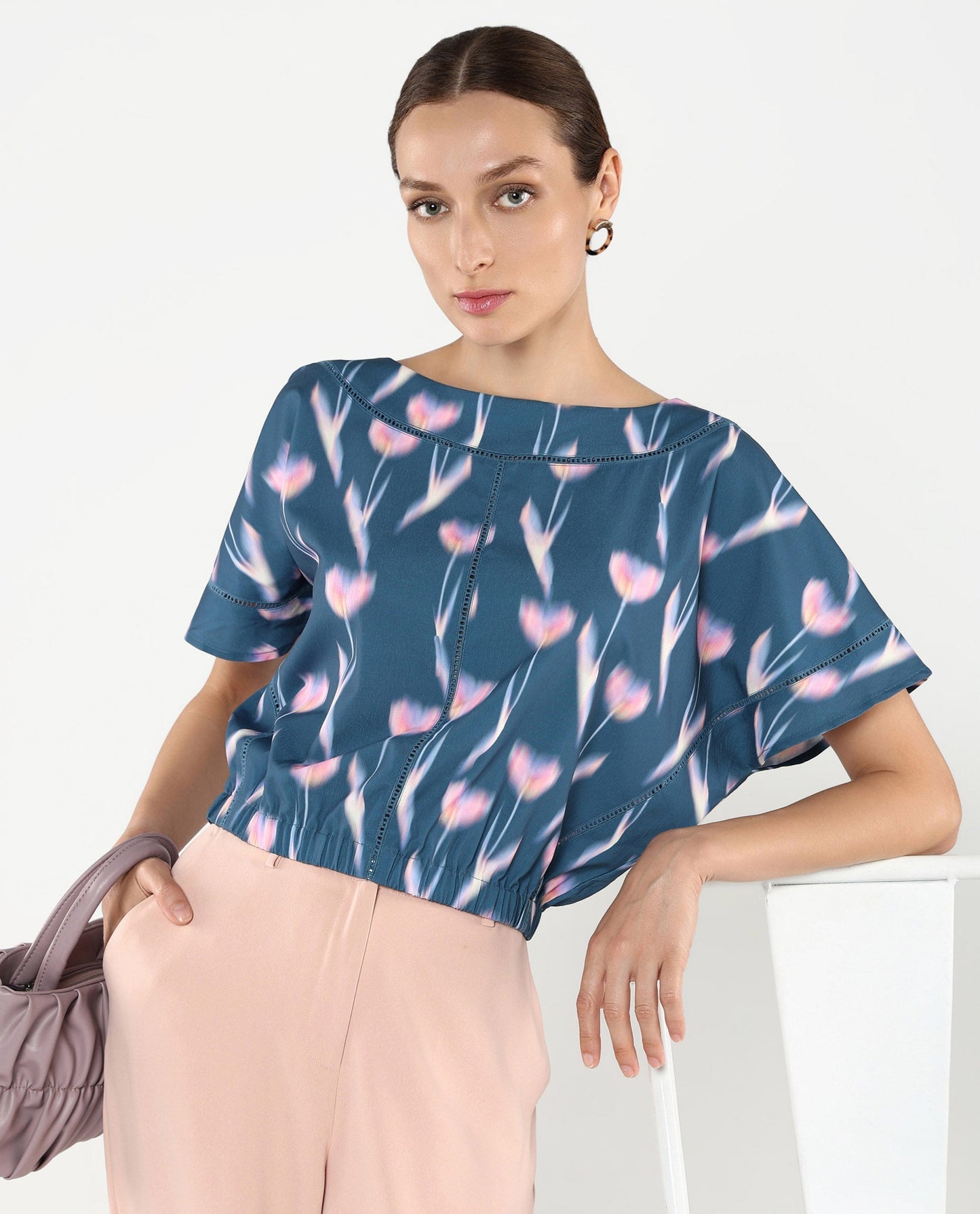 Rareism Women Kahlani Dark Grey Extended Sleeves Boat Neck Abstract Print Top