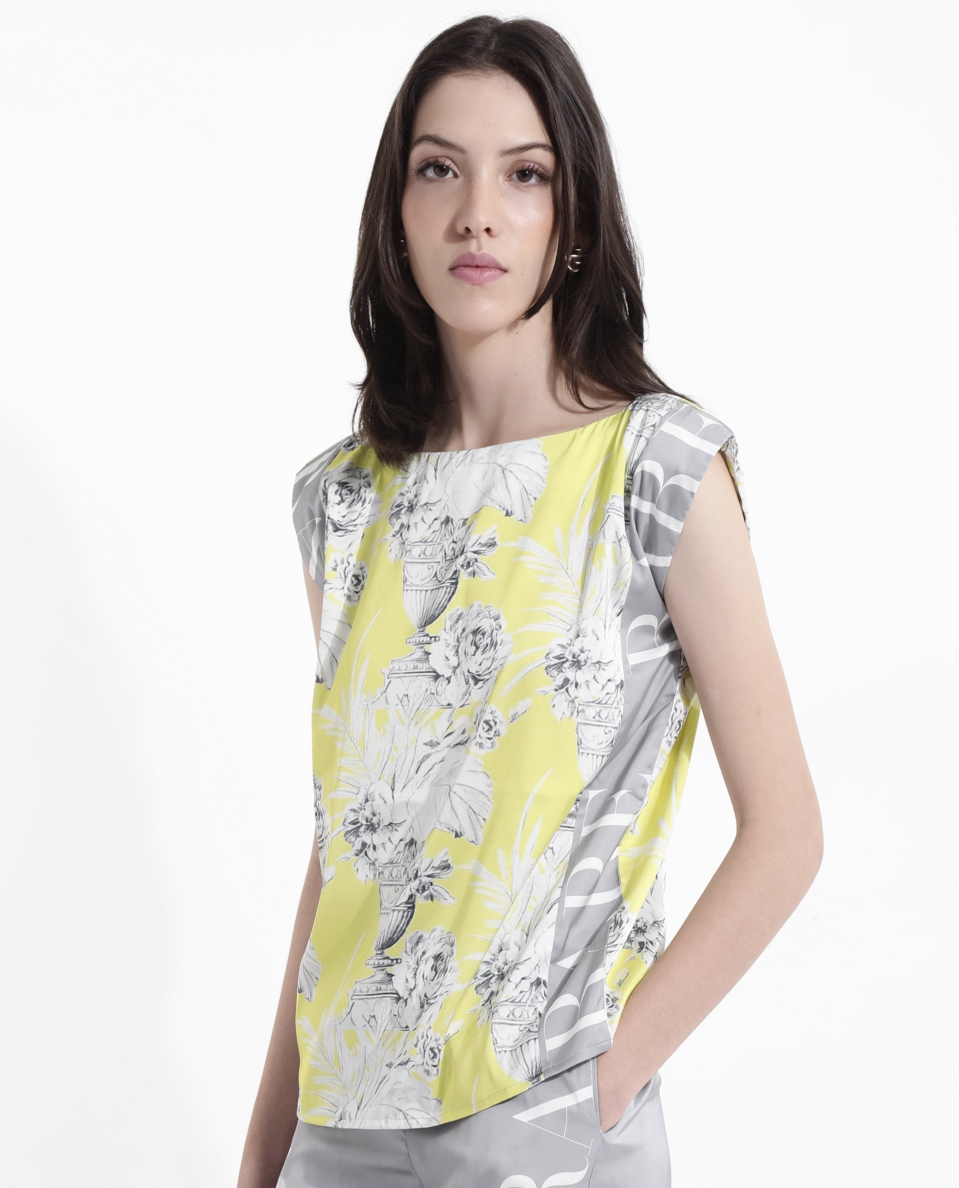 Rareism Women Kanadio-T Yellow Extended Sleeves Boat Neck Floral Print Top