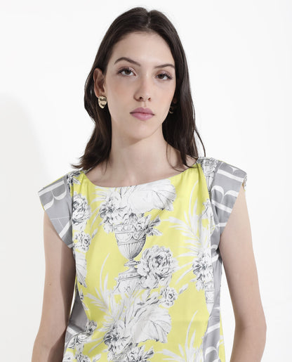 Rareism Women Kanadio-T Yellow Extended Sleeves Boat Neck Floral Print Top