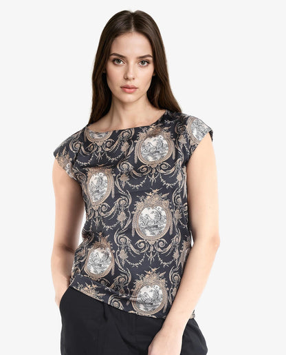 Rareism Women Kanama-T Black Extended Sleeves Boat Neck Ornamental Print Top