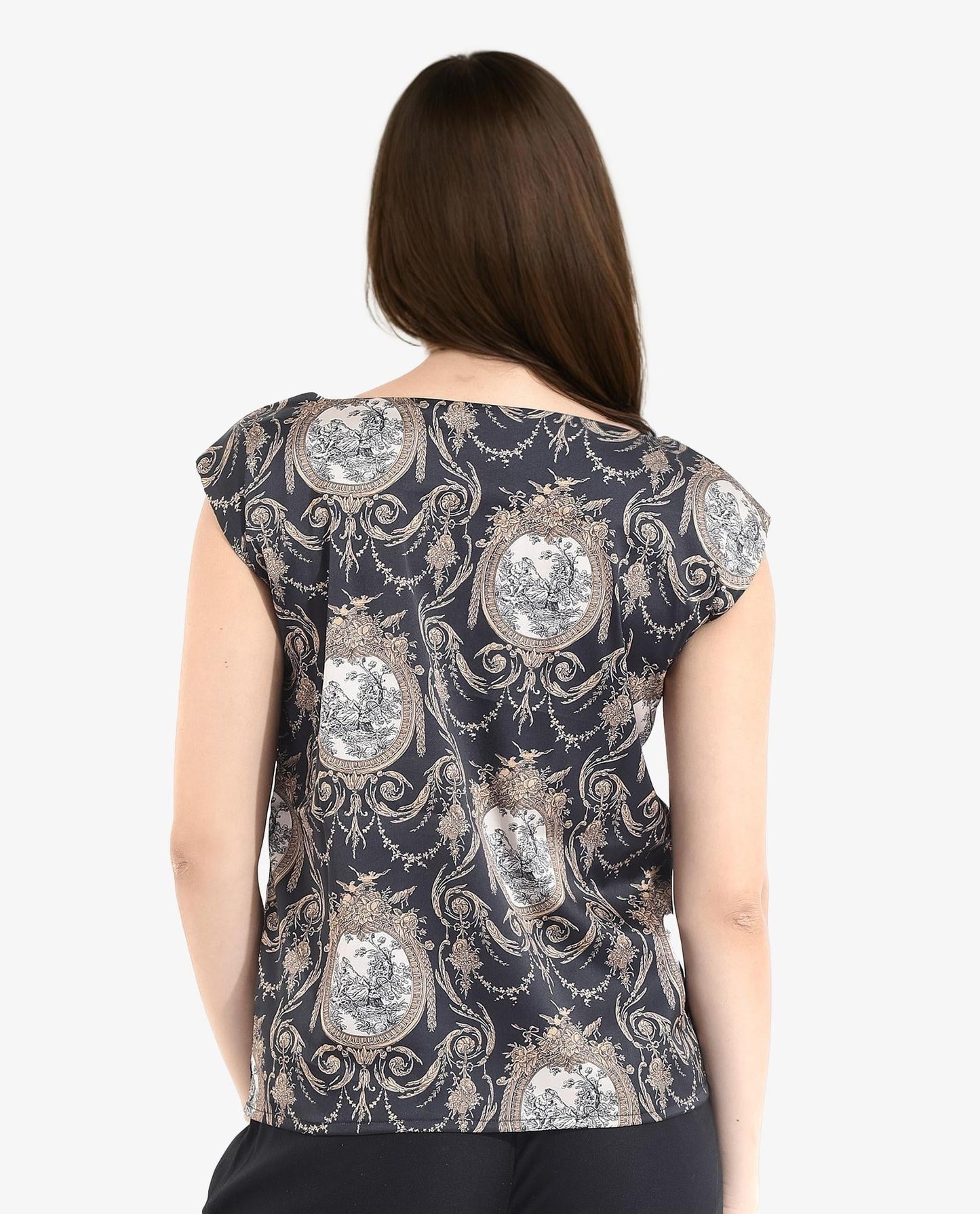 Rareism Women Kanama-T Black Extended Sleeves Boat Neck Ornamental Print Top