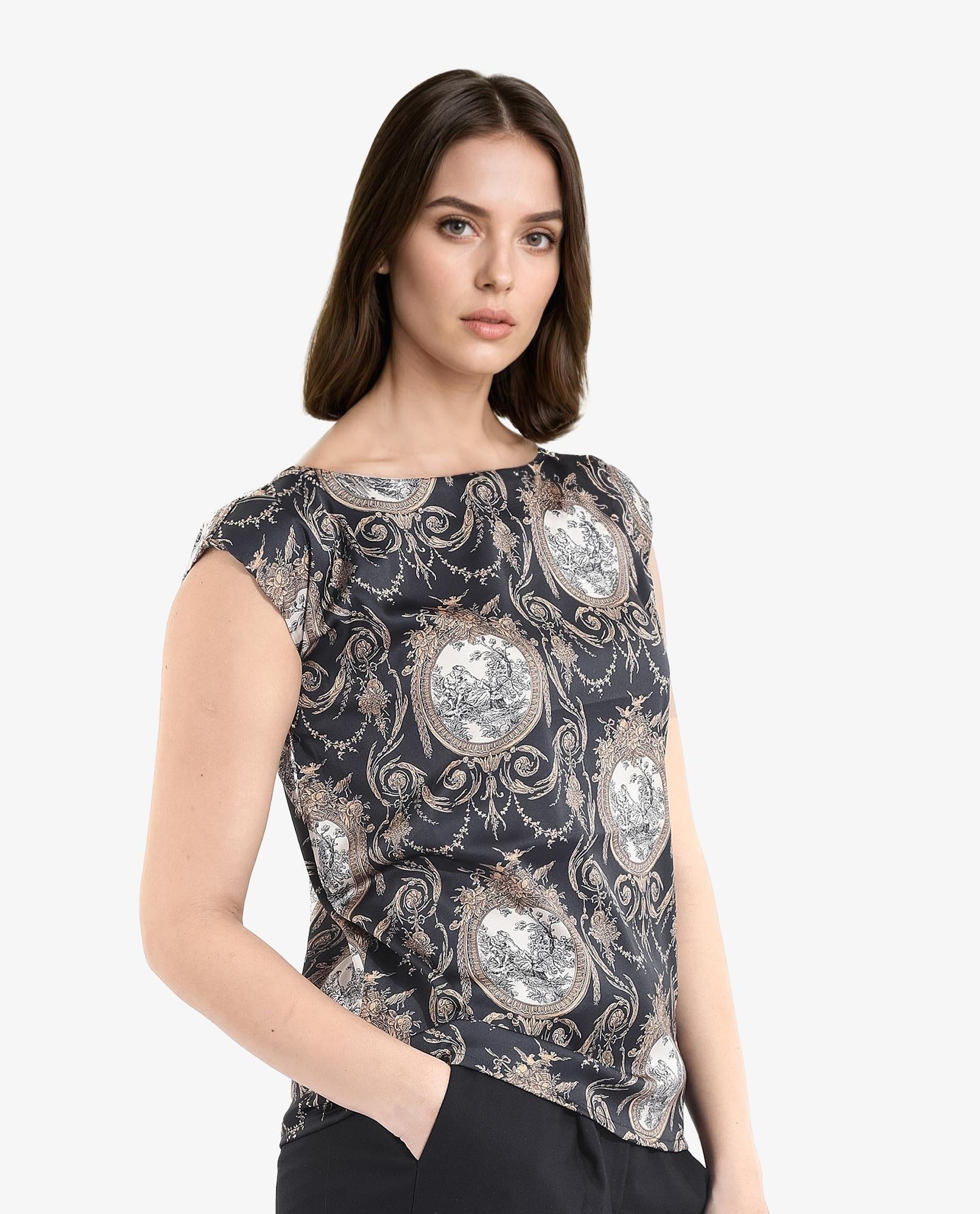 Rareism Women Kanama-T Black Extended Sleeves Boat Neck Ornamental Print Top