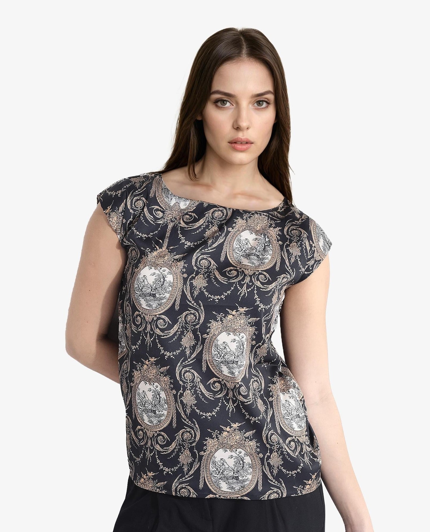 Rareism Women Kanama-T Black Extended Sleeves Boat Neck Ornamental Print Top