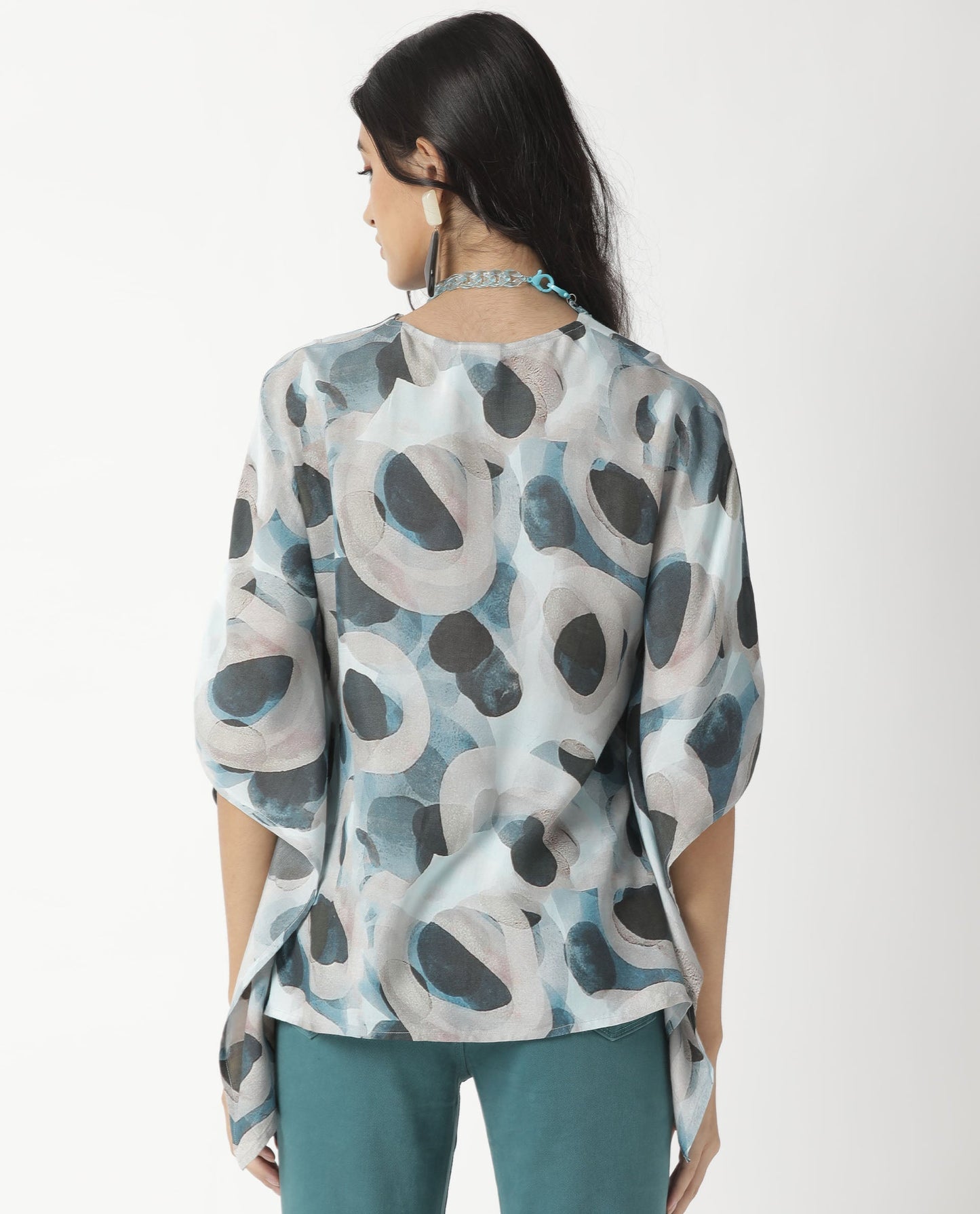 Rareism Women Kans Blue Cotton Silk Fabric Relaxed Fit V-Neck Half Sleeves Abstract Print Top