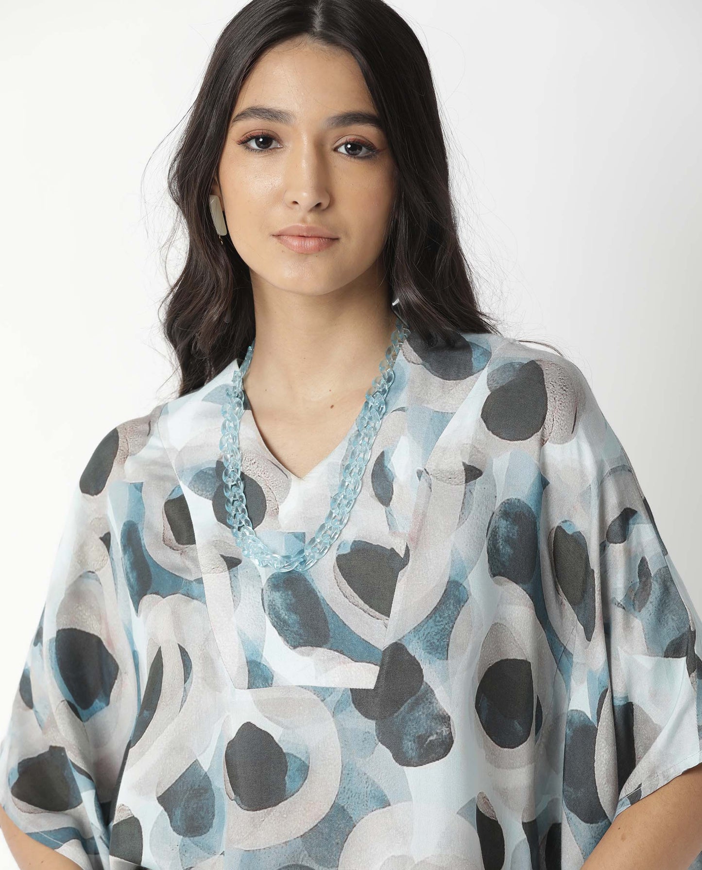 Rareism Women Kans Blue Cotton Silk Fabric Relaxed Fit V-Neck Half Sleeves Abstract Print Top