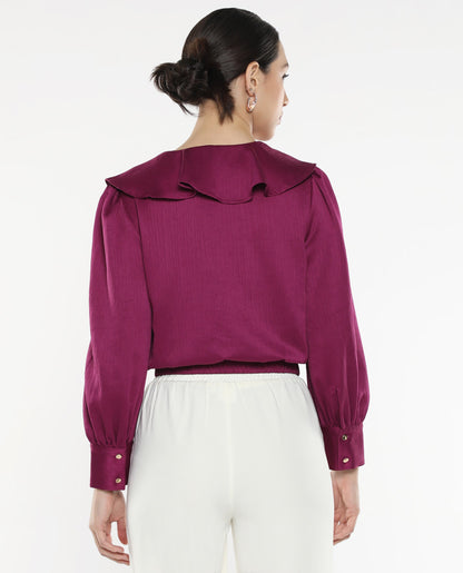 Rareism Women Karabuk Purple Cuffed Sleeve Tie-Up Neck Cropped Plain Top