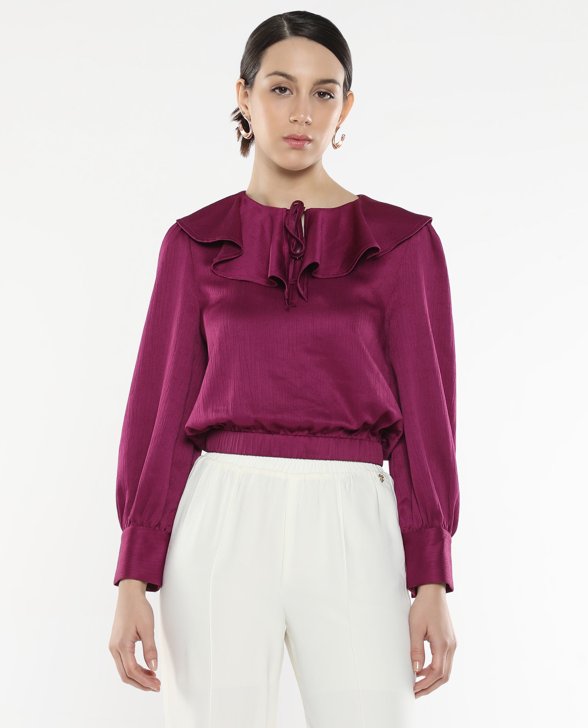 Rareism Women Karabuk Purple Cuffed Sleeve Tie-Up Neck Cropped Plain Top