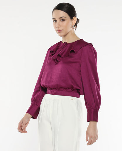 Rareism Women Karabuk Purple Cuffed Sleeve Tie-Up Neck Cropped Plain Top