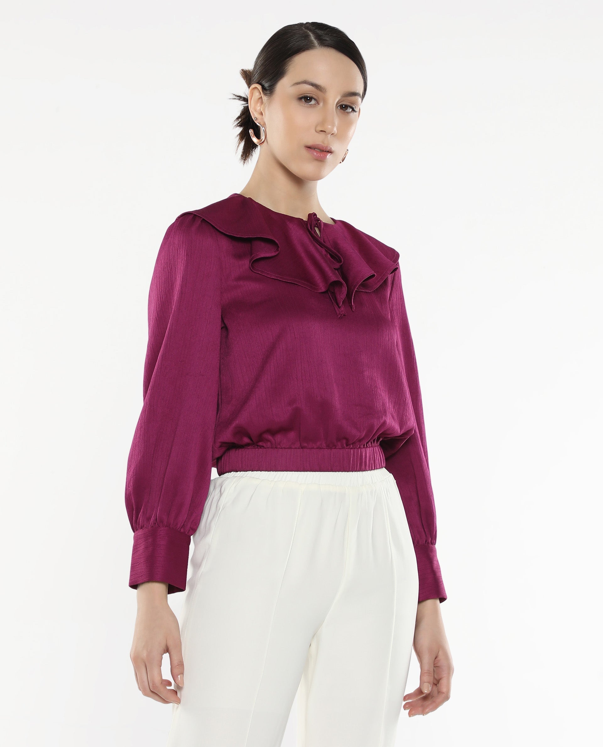 Rareism Women Karabuk Purple Cuffed Sleeve Tie-Up Neck Cropped Plain Top