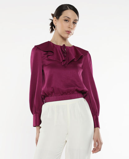 Rareism Women Karabuk Purple Cuffed Sleeve Tie-Up Neck Cropped Plain Top