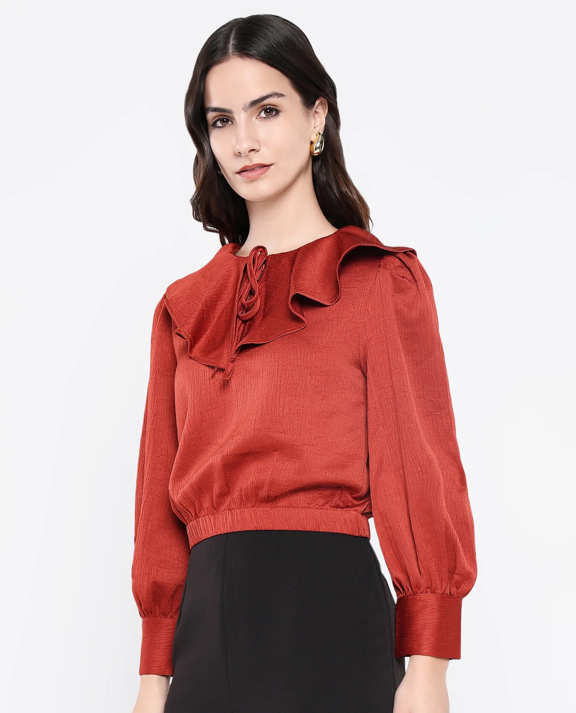 Rareism Women Karabuk Orange Cuffed Sleeve Tie-Up Neck Cropped Plain Top