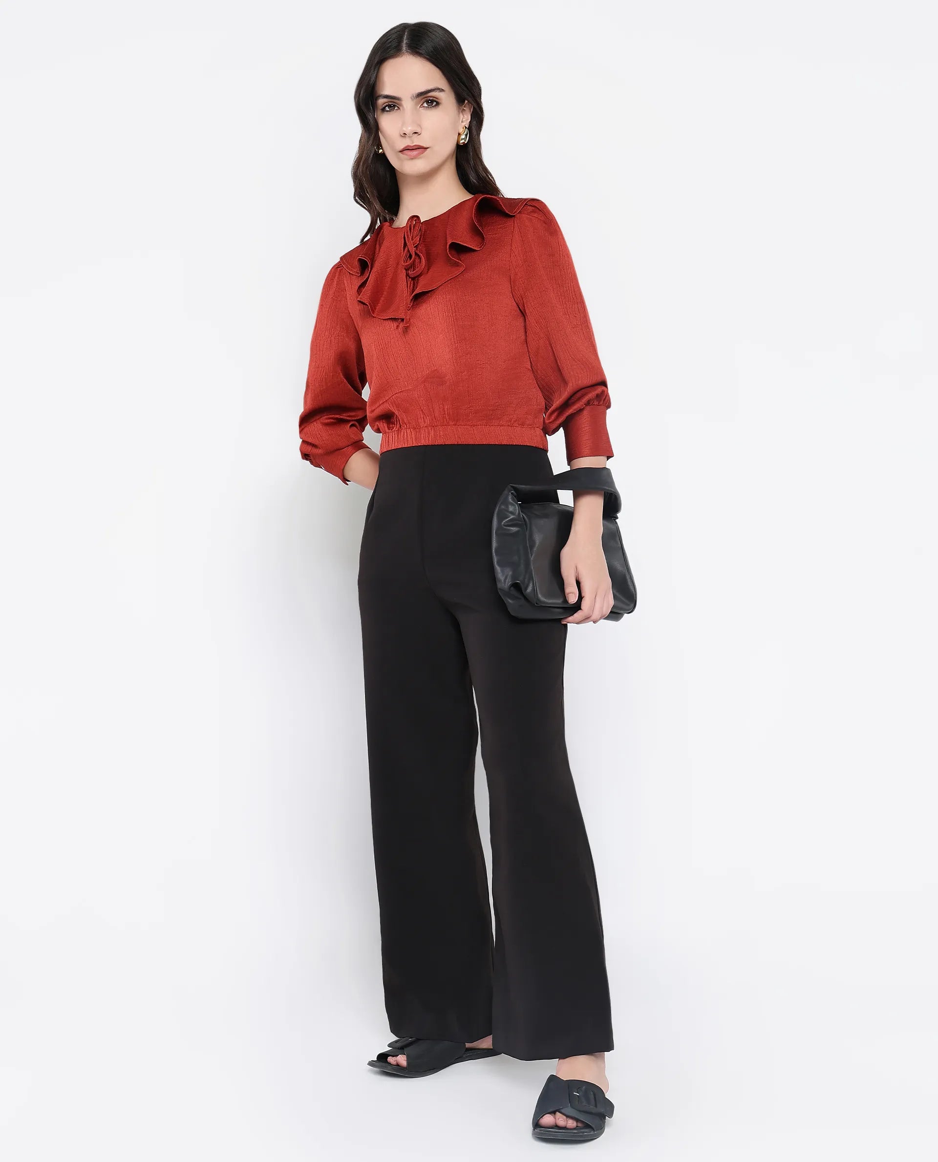 Rareism Women Karabuk Orange Cuffed Sleeve Tie-Up Neck Cropped Plain Top