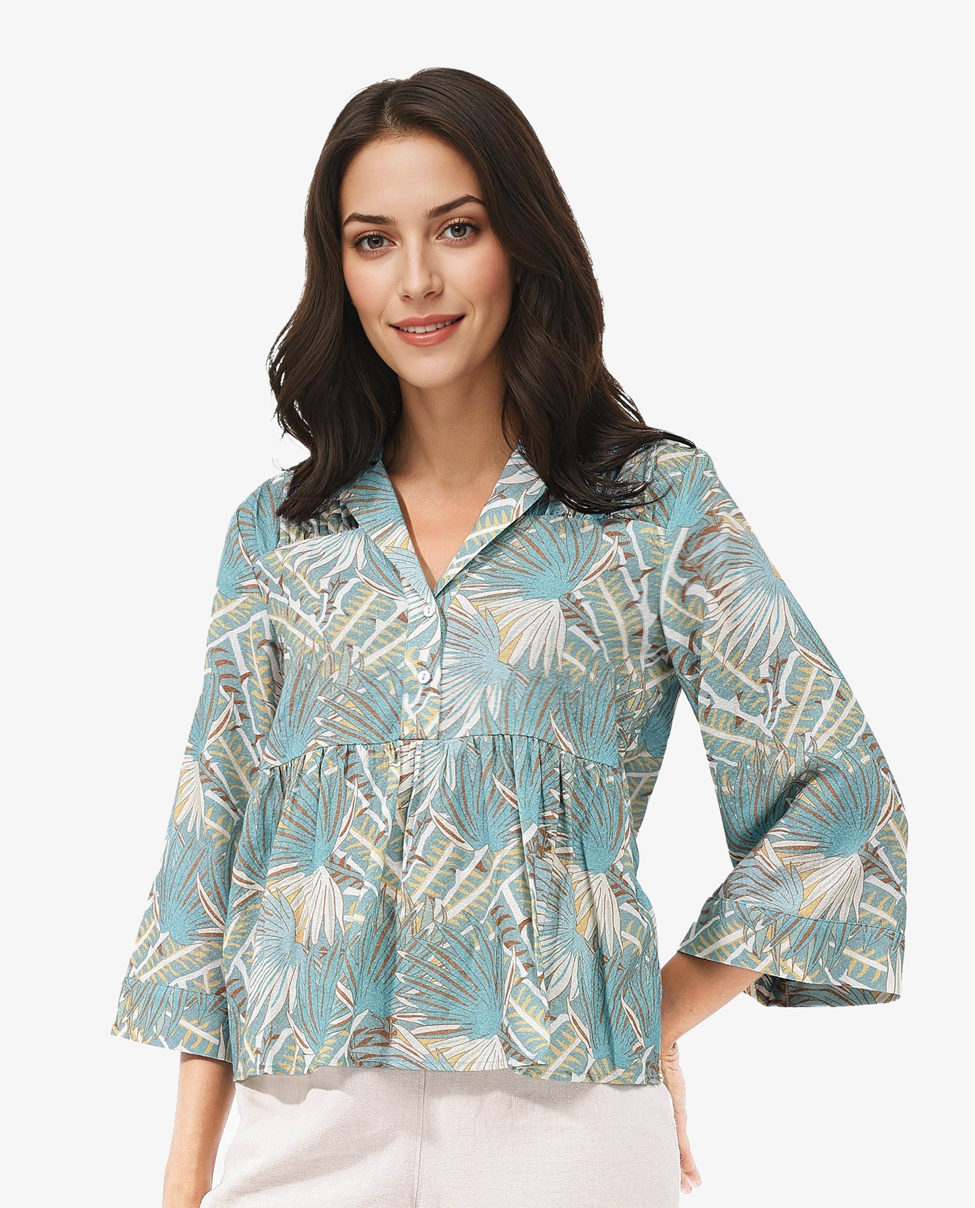 Rareism Women Karrara Dusky Blue Button Closure 3/4Th Sleeve Lapel Neck Abstract Print Top