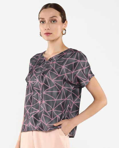 Rareism Women Katya Grey Extended Sleeves Abstract Print Top