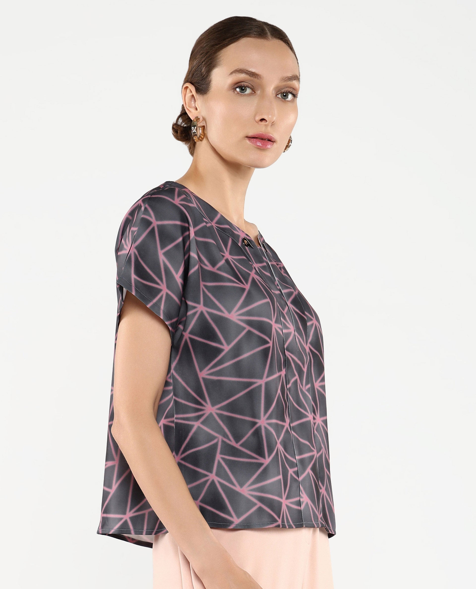 Rareism Women Katya Grey Extended Sleeves Abstract Print Top