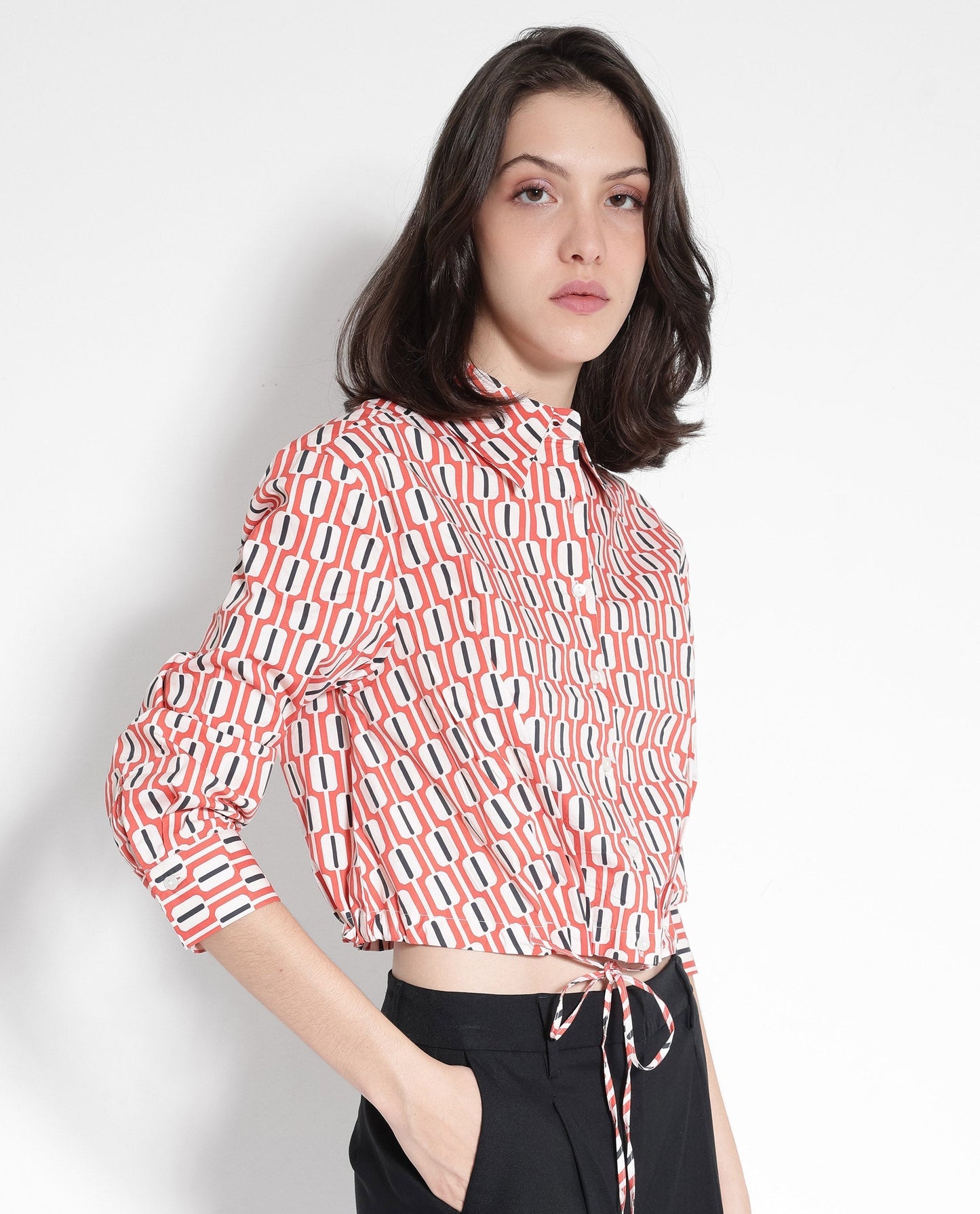 Rareism Women Kayline Multi Cuffed Sleeve Collared Neck Button Closure Cropped Geometric Print Top