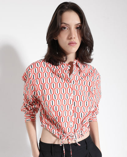 Rareism Women Kayline Multi Cuffed Sleeve Collared Neck Button Closure Cropped Geometric Print Top