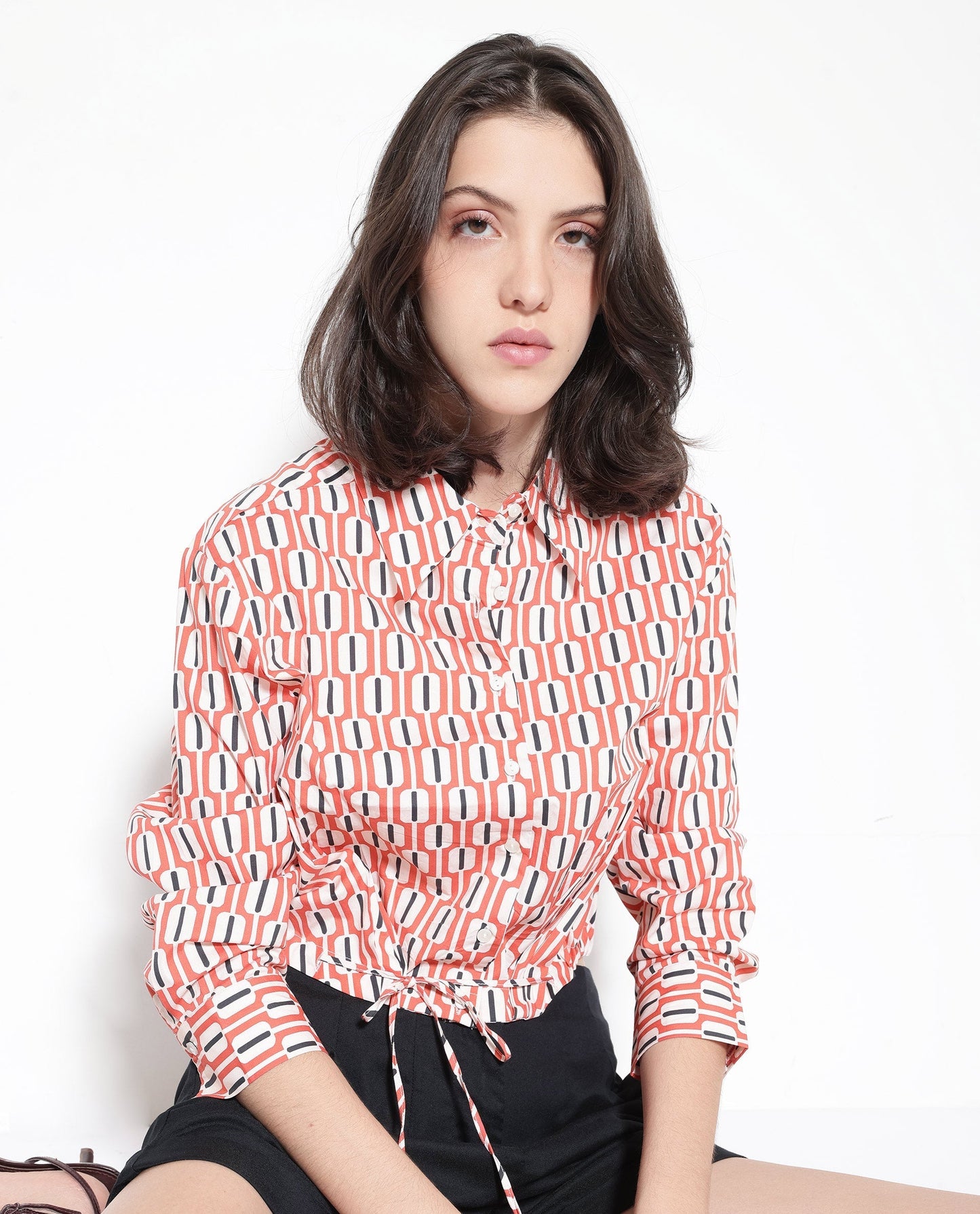 Rareism Women Kayline Multi Cuffed Sleeve Collared Neck Button Closure Cropped Geometric Print Top